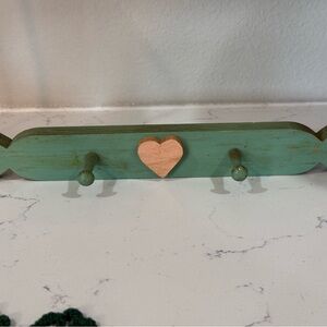 Hand-Painted Mint Green Wooden Wall Hook Rack with Pink Heart